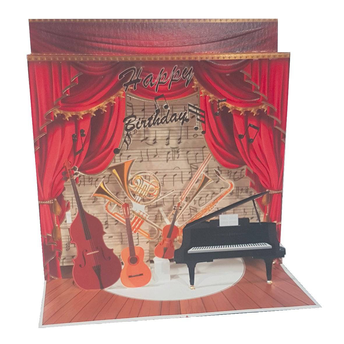 Pictura large piano pop-up card featuring a detailed, colorful 3D musical instrument design on a white background.